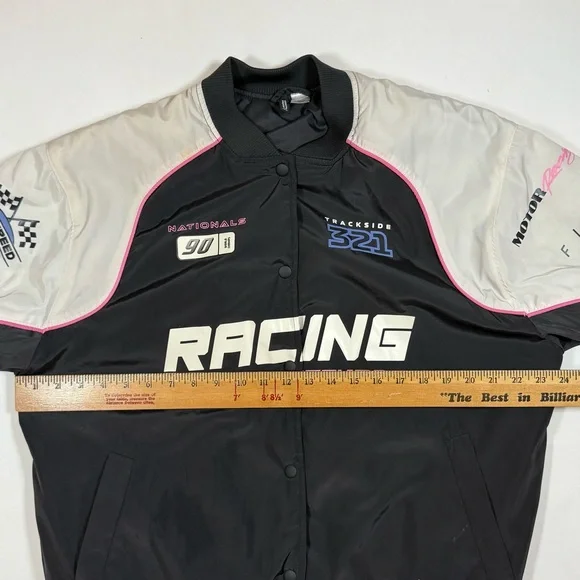H&M Racing Thrill Seeker Black and Pink Oversized Bomber Jacket sz Small - Picture 7 of 9